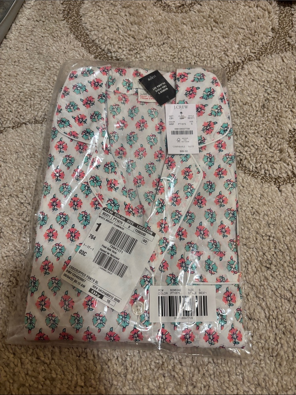 J. Crew Floral Cotton Pajama Set in White, Pink & Teal